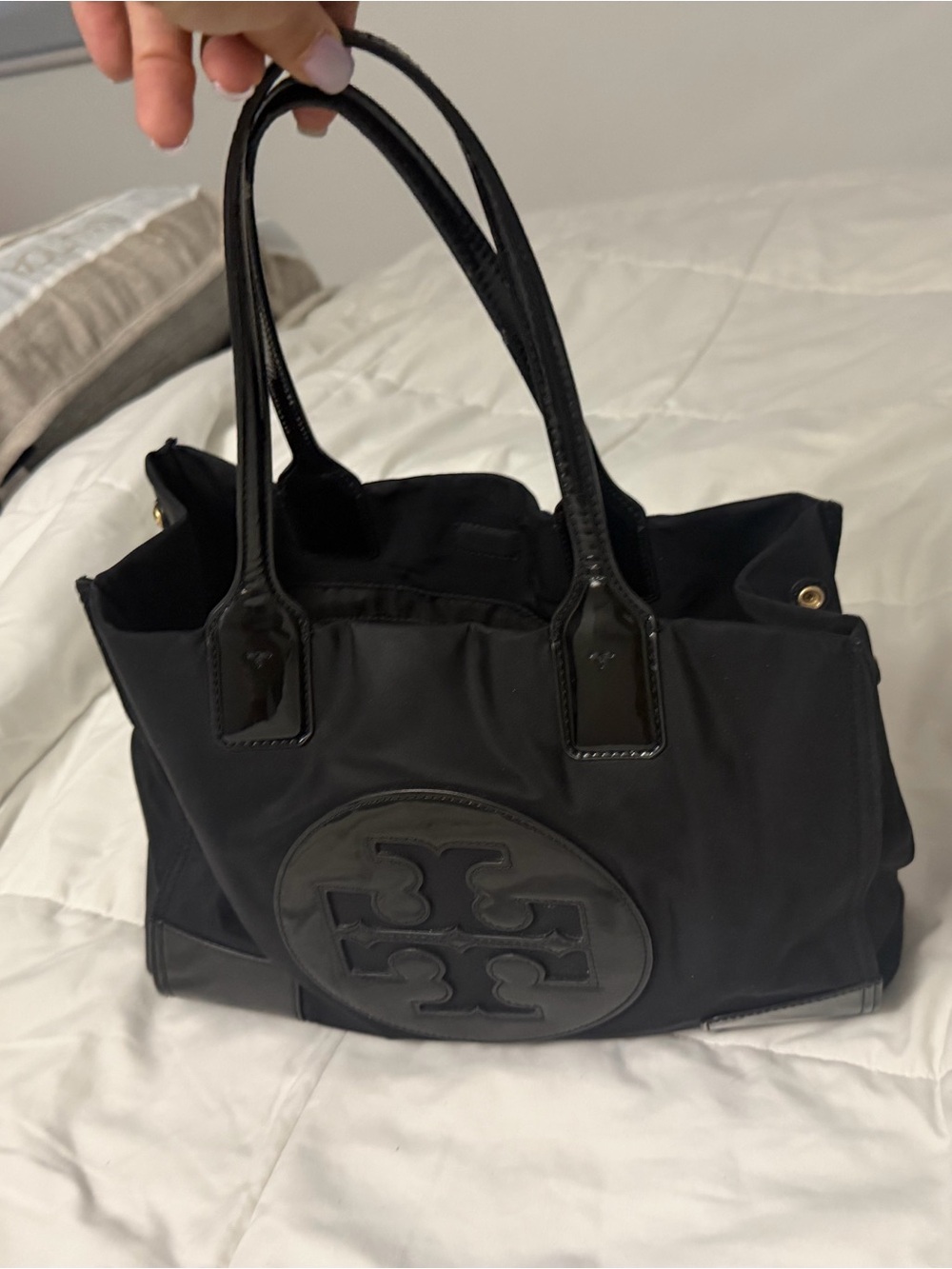Tory Burch Black Nylon Tote with Patent Trim and Logo Emblem